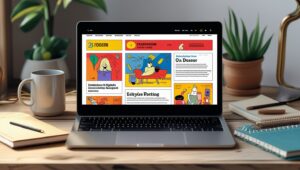 noodlemagazineinusa Laptop showing vibrant digital content on a cozy wooden desk with coffee and plants.